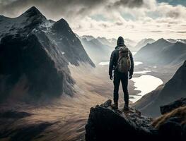 A hiker standing on a rocky ledge, looking out at a vast mountain range generative ai photo