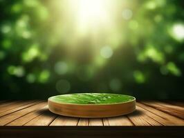 Wooden podium scene background green bokeh with sun light generative ai photo