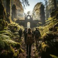 A group of diverse friends hiking through a dense forest generative ai photo