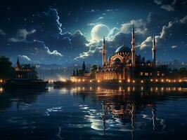 Beautiful islamic mosque with night moon sky and cloud photo wallpaper generative ai