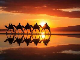 Camels silhouette on the salt lake at sunrise generative ai photo