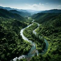 An aerial view of a winding river cutting through a dense forest generative ai photo