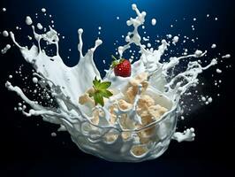 Milk or yogurt splash flying through the air food photography generative ai photo