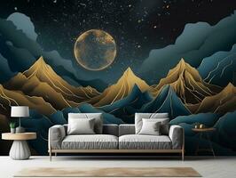 3d abstraction modern wall art night landscape with dark blue and golden turquoise mountains black background with moon and golden trees generative ai photo