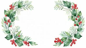 Festive watercolor Christmas wreath with red berries and a frame. photo