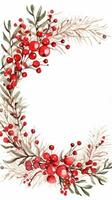 Festive watercolor Christmas wreath with red berries and a frame. photo