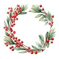 Festive watercolor Christmas wreath with red berries and a frame. photo