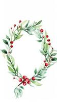 Watercolor mistletoe wreath with red berries and a wooden frame photo