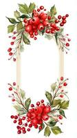 Festive watercolor Christmas wreath with red berries and a frame. photo