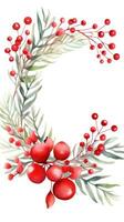 Festive watercolor Christmas wreath with red berries and a frame. photo