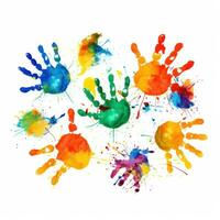 Colorful handprints on white background photo