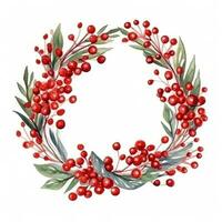 Festive watercolor Christmas wreath with red berries and a frame. photo