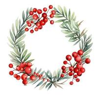 Festive watercolor Christmas wreath with red berries and a frame. photo