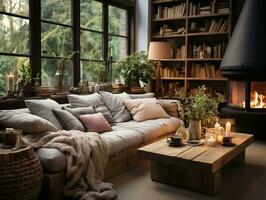 A cozy modern living room is adorned with wooden accents, including a rustic coffee table and a bookshelf filled with books and decorative items generative ai photo