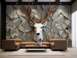 3d modern interior living room with stereo deer animal and abstract geometric crack stone generative ai photo