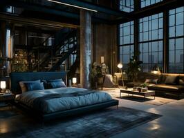 Interior of luxury bedroom inside a luxury industrial home generative ai photo