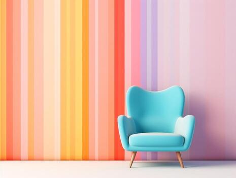 Pastel multi-color vibrant groovy retro striped background wall frame with bright armchair interior home design generative ai photo