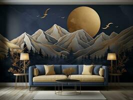 3d moderno interior hogar pared decoración. dorado y oscuro azul montañas, presentando un dorado árbol con Luna oscuro paisaje antecedentes generativo ai foto