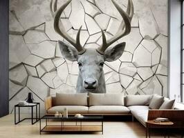 3d modern interior living room with stereo deer animal and abstract geometric crack stone generative ai photo