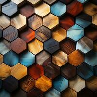 Abstract wooden seamless hexagonal mosaic tiles background with hexagons cubes in wooden texture generative ai photo