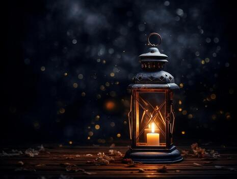 hermosa linterna con un vela en eso en frente de un oscuro antecedentes generativo ai foto
