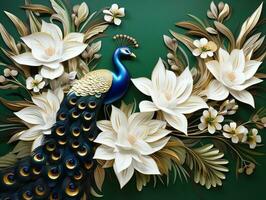 3d modern interior wall art decor with white, dark green, and golden tropical palm leaf branches and flowers with feathers peacock bird illustration background generative ai photo