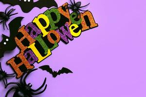 Happy Halloween. Top view of Halloween party decoration with space for text. Halloween concept background photo