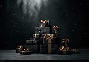 Black Friday or Christmas background with stack of black and gold gifts photo