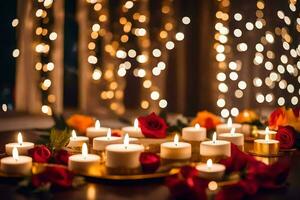 candles and flowers on a table with lights. AI-Generated photo