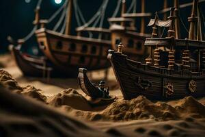 a miniature ship in the sand. AI-Generated photo