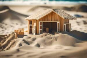 a miniature wooden house on the beach. AI-Generated photo