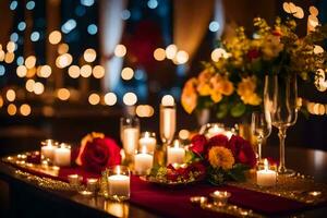 a table with candles and flowers on it. AI-Generated photo