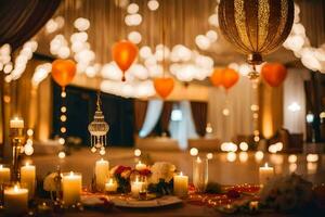 a table with candles and lanterns. AI-Generated photo