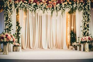 a wedding stage with flowers and greenery. AI-Generated photo