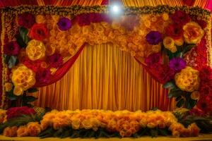 a stage decorated with flowers and a curtain. AI-Generated photo