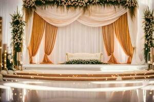 a wedding stage with gold and white decorations. AI-Generated photo