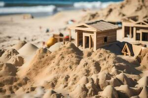 a miniature wooden house on the beach. AI-Generated photo