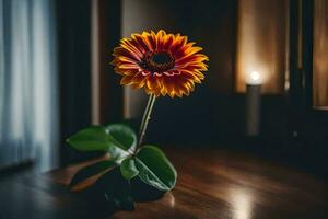 a single orange flower sits on a wooden table. AI-Generated photo