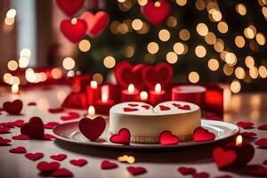 a cake with hearts on it and candles around it. AI-Generated photo