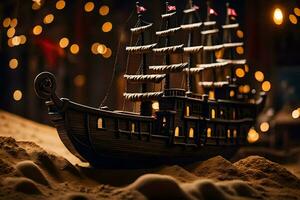 a model of a pirate ship on sand. AI-Generated photo