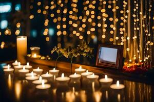 candles and a photo frame on a table with lights. AI-Generated