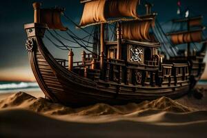 a model of a pirate ship on the beach. AI-Generated photo