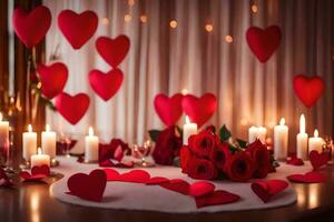 un mesa con rojo corazones y velas generado por ai foto