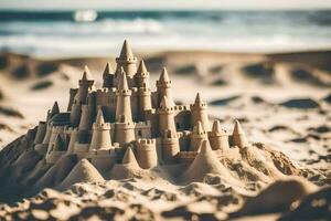 a sand castle on the beach with a sea in the background. AI-Generated photo