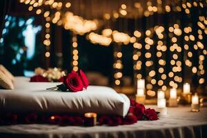 a bed with red roses and candles on it. AI-Generated photo