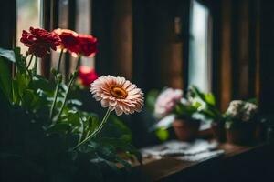 flores en un ventana umbral. generado por ai foto