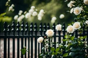 white roses are growing on a black fence. AI-Generated photo