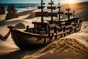 a model ship is sitting on the sand. AI-Generated photo