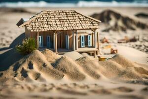a miniature house on the beach with sand. AI-Generated photo