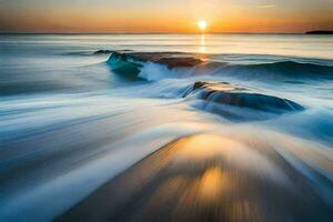 the sun sets over the ocean in this long exposure photograph. AI-Generated photo